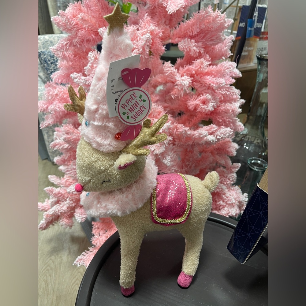 Pink Christmas Reindeer With Pink Tree hat & Wreath plush pillow NWT